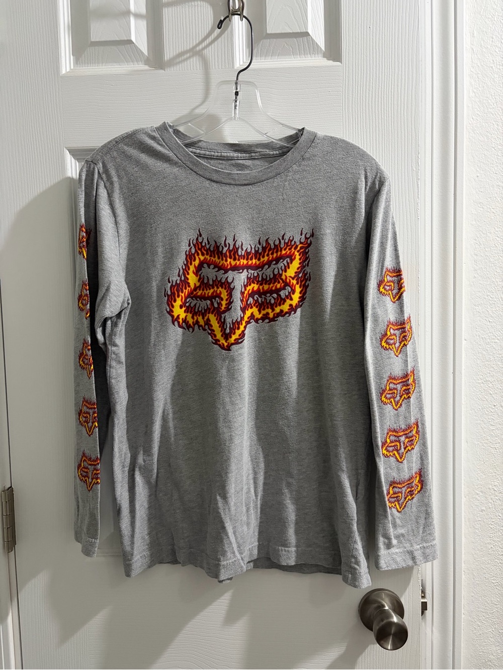 Fox Grey Long Sleeve Tee with Orange & Yellow Flame Sleeve Logos